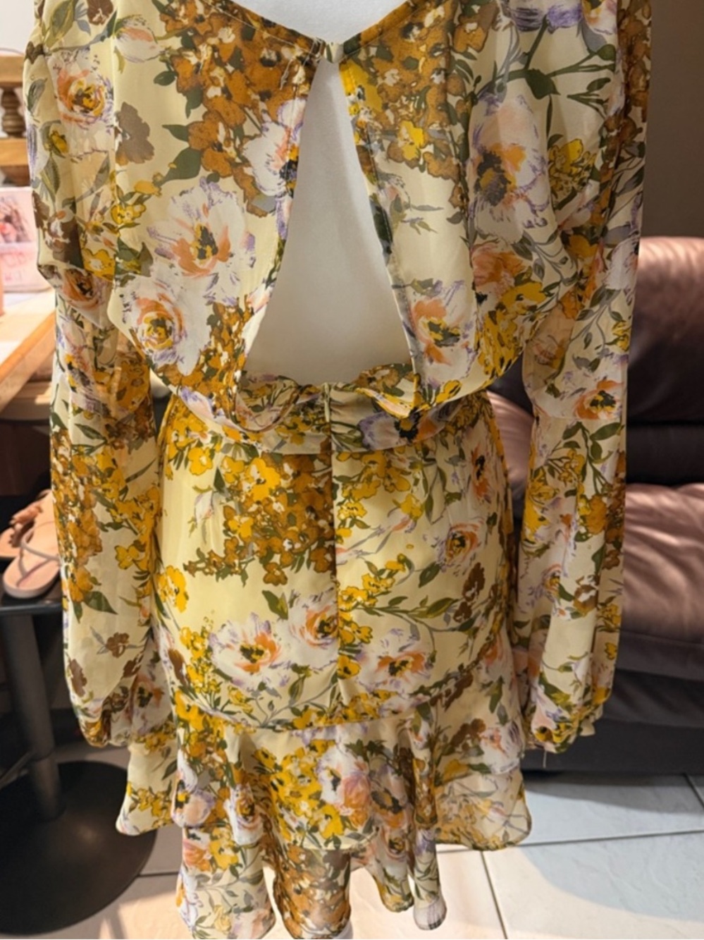 Luxxel Floral Wrap Long Sleeve Mini Dress in Mustard and Cream - Picture 6 of 7